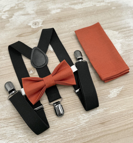 Paprika Bow tie & Suspenders | Black Braces | Sienna Bow | Pocket Square | Ring Bearer Outfit | Boho Rustic Wedding