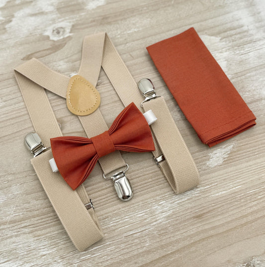 Paprika Bow tie & Suspenders | Champagne Tan Braces | Sienna Bow | Pocket Square | Ring Bearer Outfit | Boho Rustic Wedding