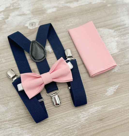 Ballet Bow tie & Suspenders | Navy Blue Braces | Rosette Dusty Rose Bow | Pocket Square | Ring Bearer Outfit | Boho Rustic Wedding