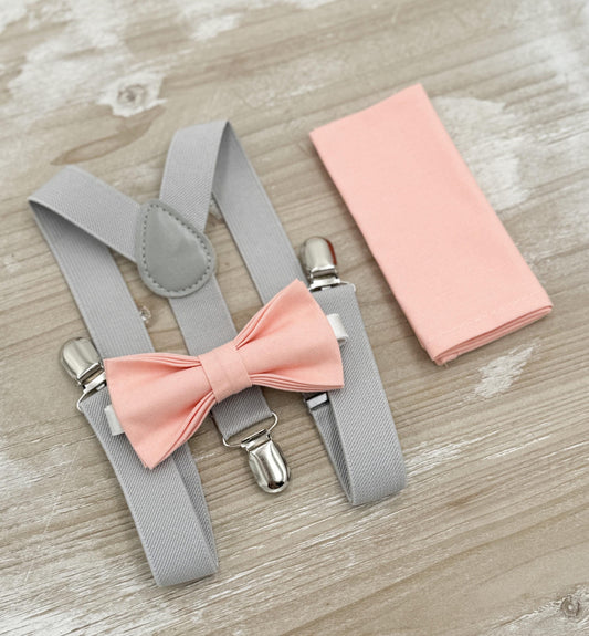 Bellini Bow Tie and Suspenders – All Sizes for Men and Boys, Light Gray Braces, Pocket Square, Boho Rustic Wedding, Ring Bearer Set