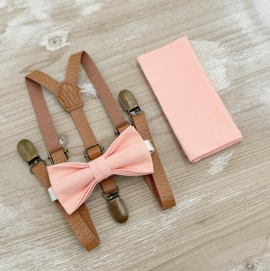 Bellini Bow tie & Suspenders | Skinny Leather Light Brown Braces | Peach Bowtie | Pocket Square | Ring Bearer Outfit | Boho Rustic Wedding