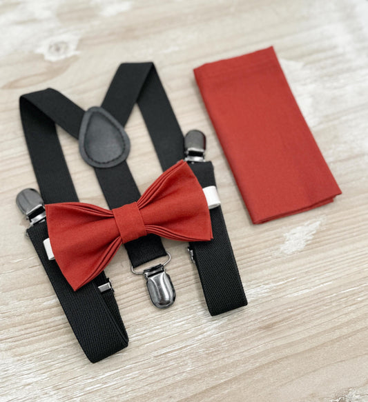 Terracotta Bow tie & Suspenders | Black Braces | Cinnamon Bowtie | Pocket Square | Ring Bearer Outfit | Boho Rustic Wedding