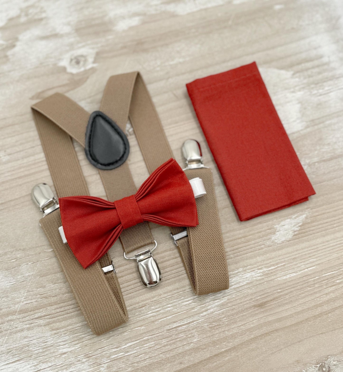 Terracotta Bow tie & Suspenders | Taupe Braces | Cinnamon Bowtie | Pocket Square | Ring Bearer Outfit | Boho Rustic Wedding