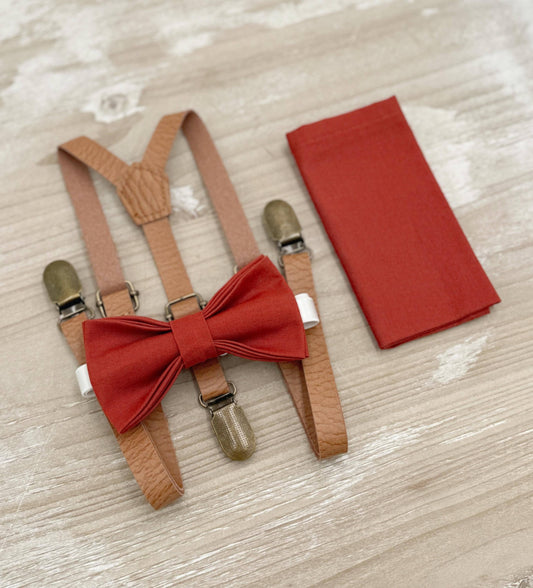 Terracotta Bow tie & Skinny Leather Light Brown Suspenders | Cinnamon Bow | Pocket Square | Ring Bearer Outfit | Boho Rustic Wedding