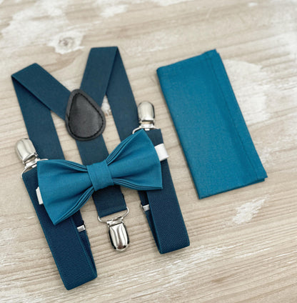Teal Blue Bow tie & Suspenders | Ink Braces | Pocket Square | Ring Bearer Outfit | Boho Rustic Wedding