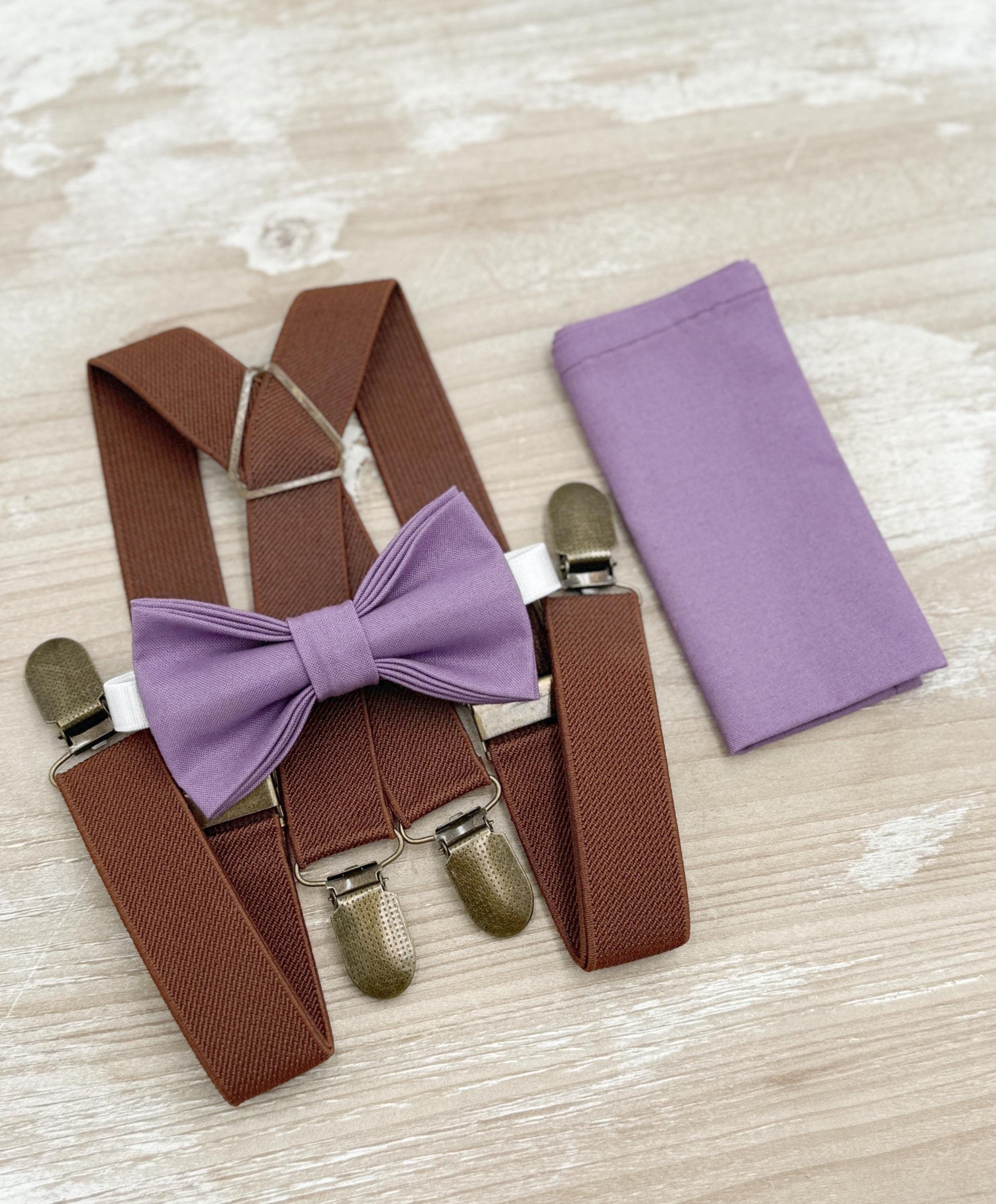 Dark Wisteria Bow tie & Suspenders | Brown X - Back Braces | Pocket Square | Ring Bearer Outfit | Boho Rustic Wedding