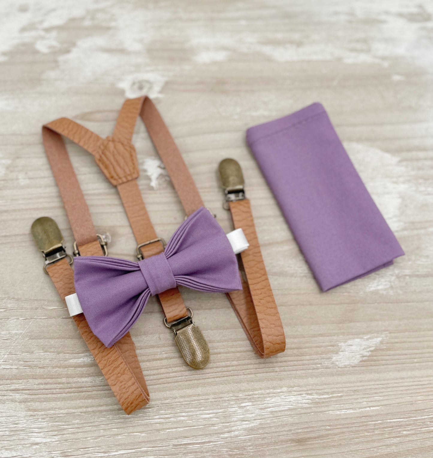 Dark Wisteria Bow tie & Suspenders | Skinny Leather Light Brown Braces | Pocket Square | Ring Bearer Outfit | Boho Rustic Wedding