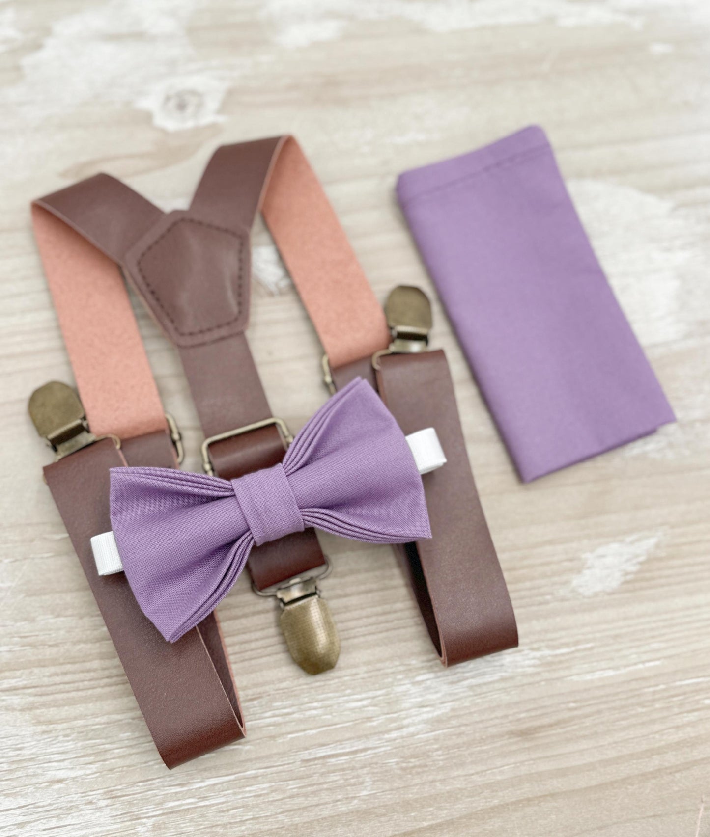 Dark Wisteria Bow tie & Suspenders | Leather Braces | Pocket Square | Ring Bearer Outfit | Boho Rustic Wedding
