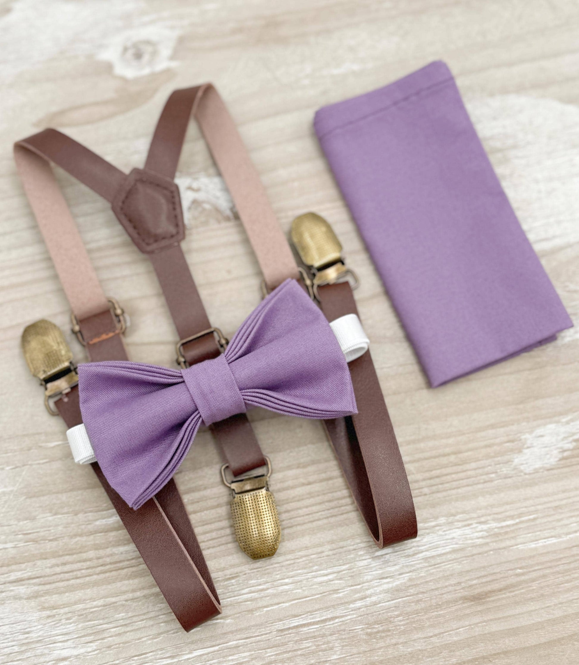 Dark Wisteria Bow tie & Suspenders | Skinny Leather Braces | Pocket Square | Ring Bearer Outfit | Boho Rustic Wedding