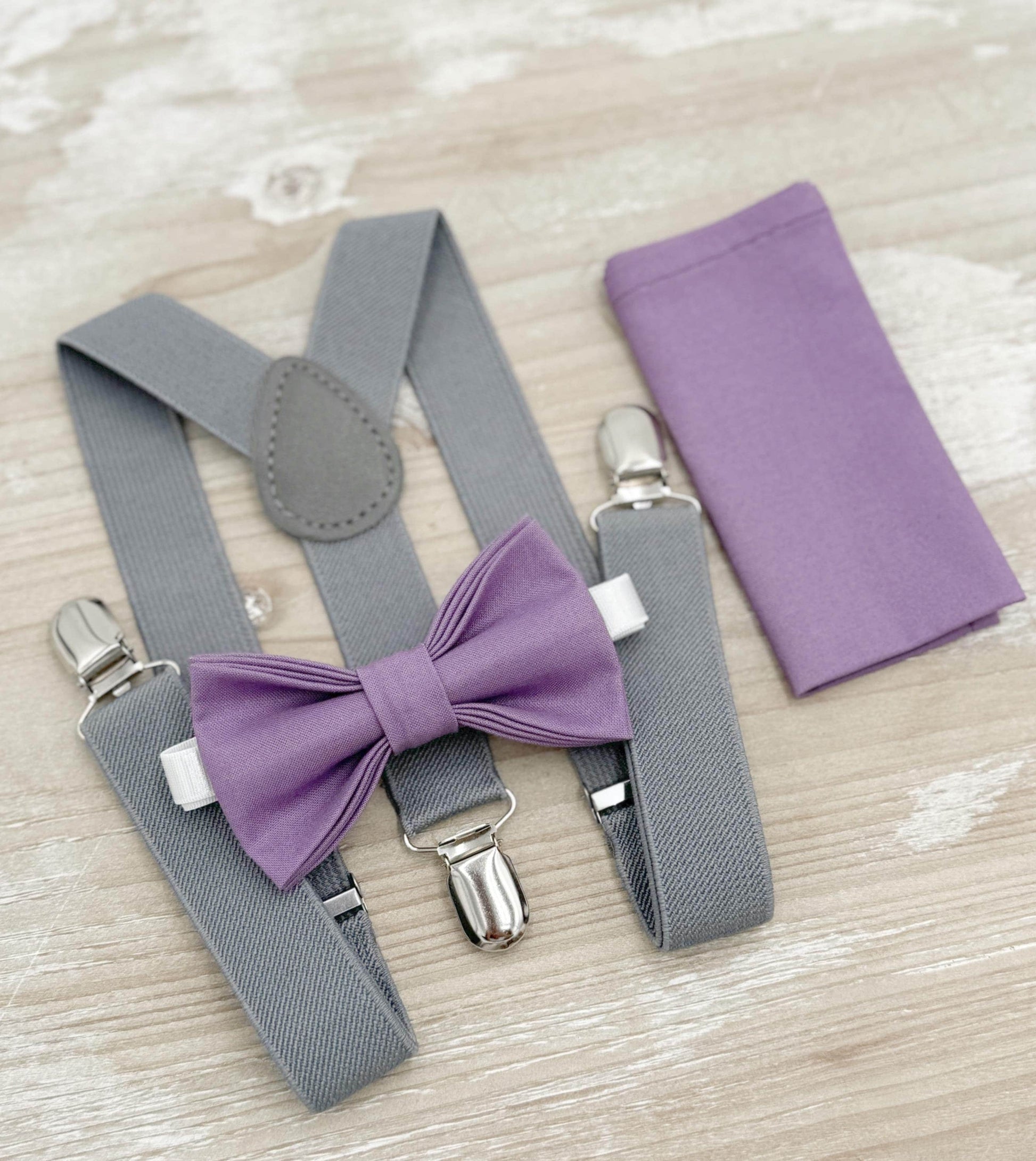 Wisteria Bow tie & Gray Suspenders | Pocket Square | Ring Bearer Outfit | Boho Rustic Wedding