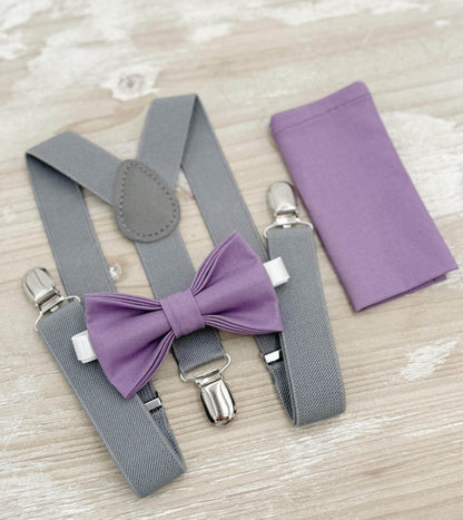 Wisteria Bow tie & Gray Suspenders | Pocket Square | Ring Bearer Outfit | Boho Rustic Wedding