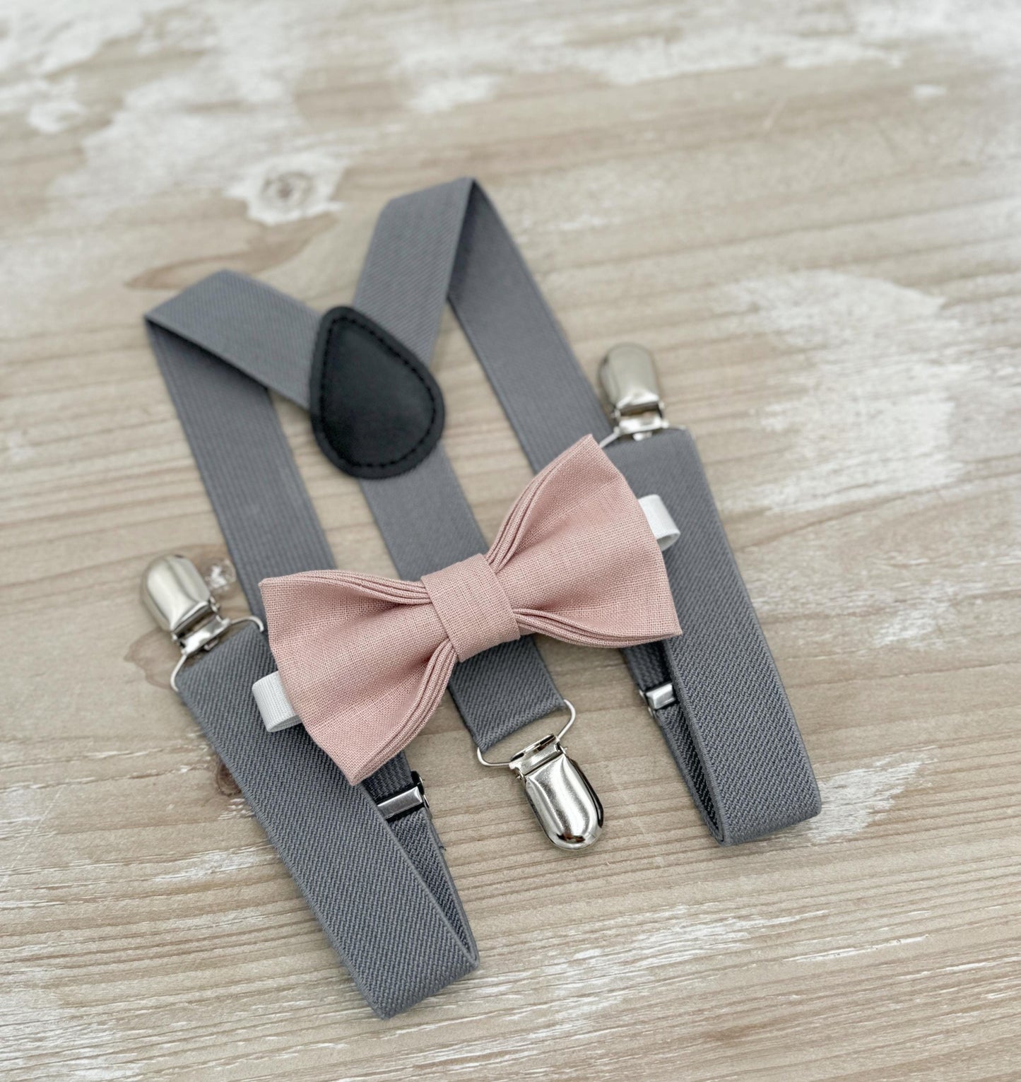 Vintage Rose Bow tie & Gray Suspenders | Linen Cameo BowTie | Ring Bearer Outfit | Boho Rustic Wedding