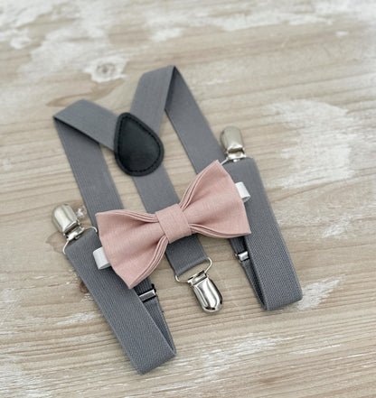 Vintage Rose Bow tie & Gray Suspenders | Linen Cameo BowTie | Ring Bearer Outfit | Boho Rustic Wedding