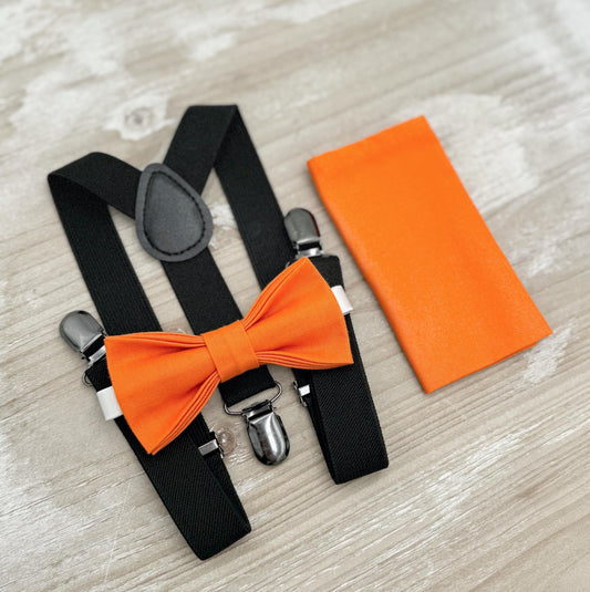Orange Bow tie & Suspenders | Black Braces | Pocket Square | Groomsman Gift | Ring Bearer Outfit | Boho Rustic Wedding