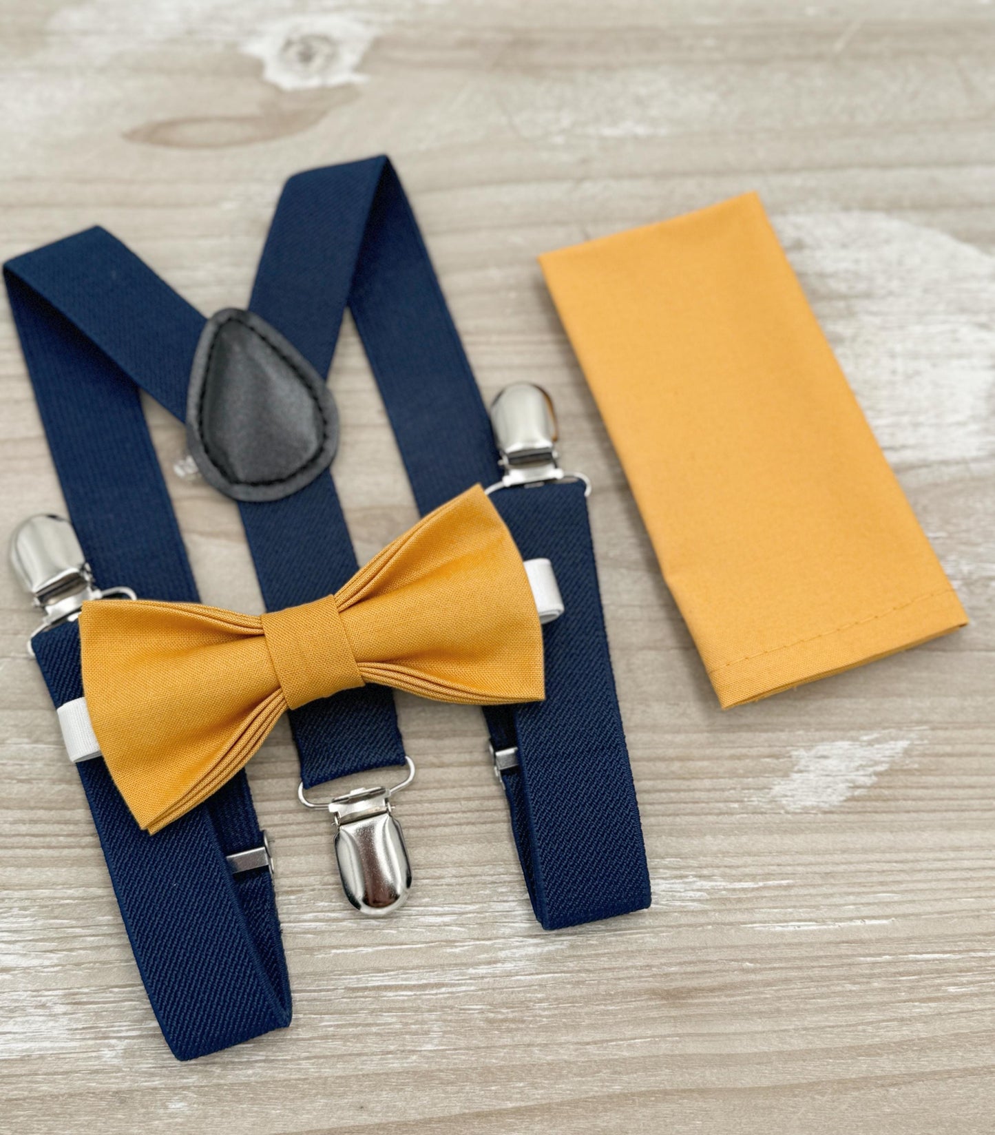 Marigold Bow tie & Suspenders | Navy Blue Braces | Pocket Square | Ring Bearer Outfit | Boho Rustic Wedding