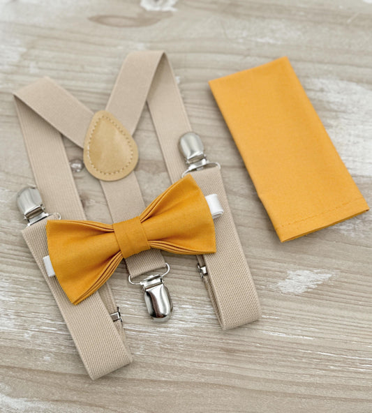 Marigold Bow tie & Suspenders | Champagne Tan Braces | Pocket Square | Ring Bearer Outfit | Boho Rustic Wedding