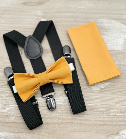 Marigold Bow tie & Suspenders | Black Braces | Pocket Square | Ring Bearer Outfit | Boho Rustic Wedding