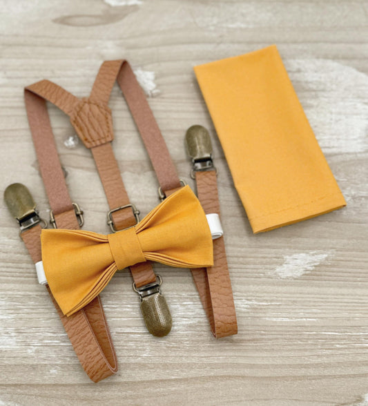 Marigold Bow tie & Suspenders | Skinny Leather Light Brown Braces | Pocket Square | Ring Bearer Outfit | Boho Rustic Wedding