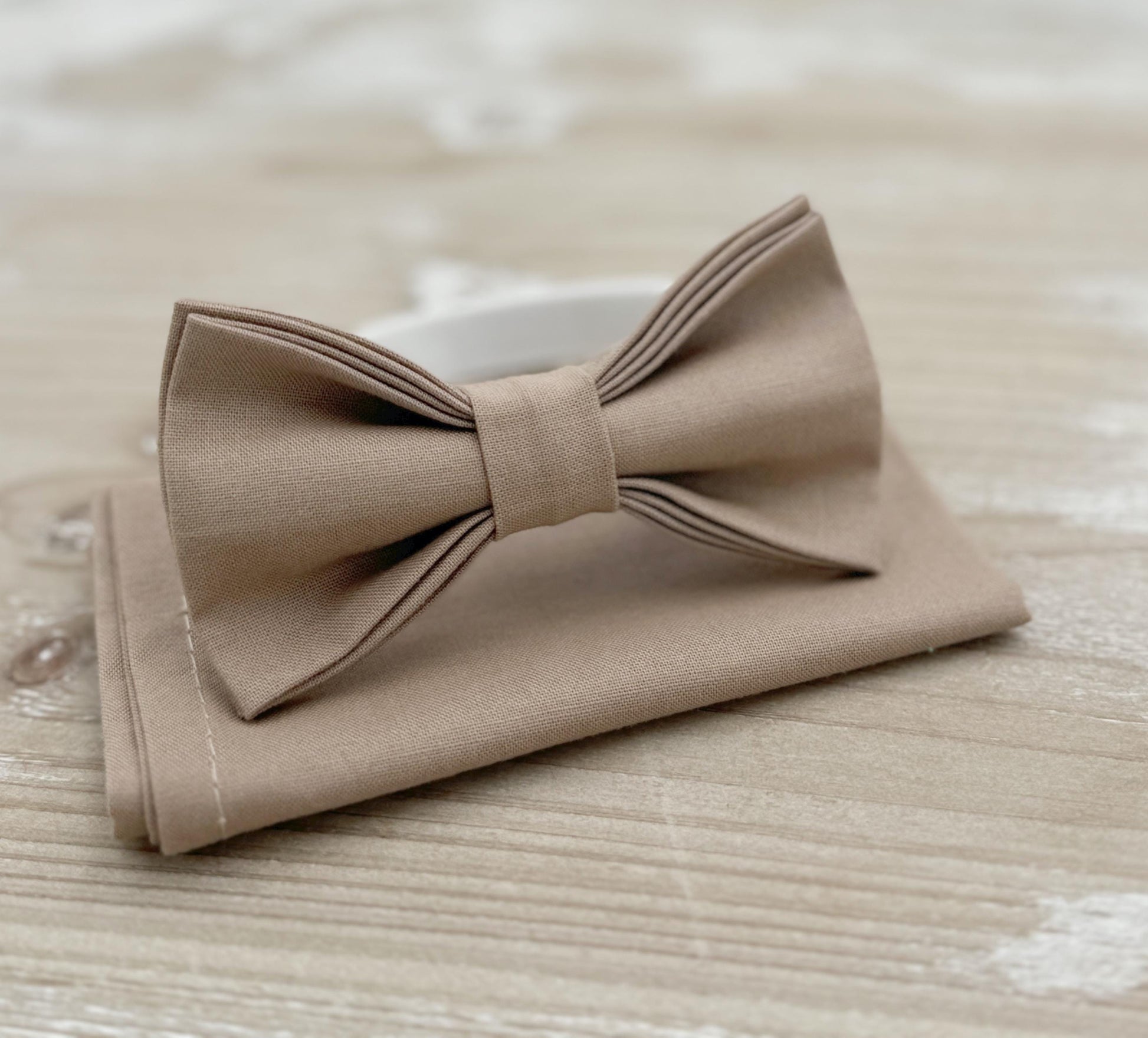 Light Taupe Bow tie & Suspenders | Taupe Braces | Pocket Square | Ring Bearer Outfit | Boho Rustic Wedding