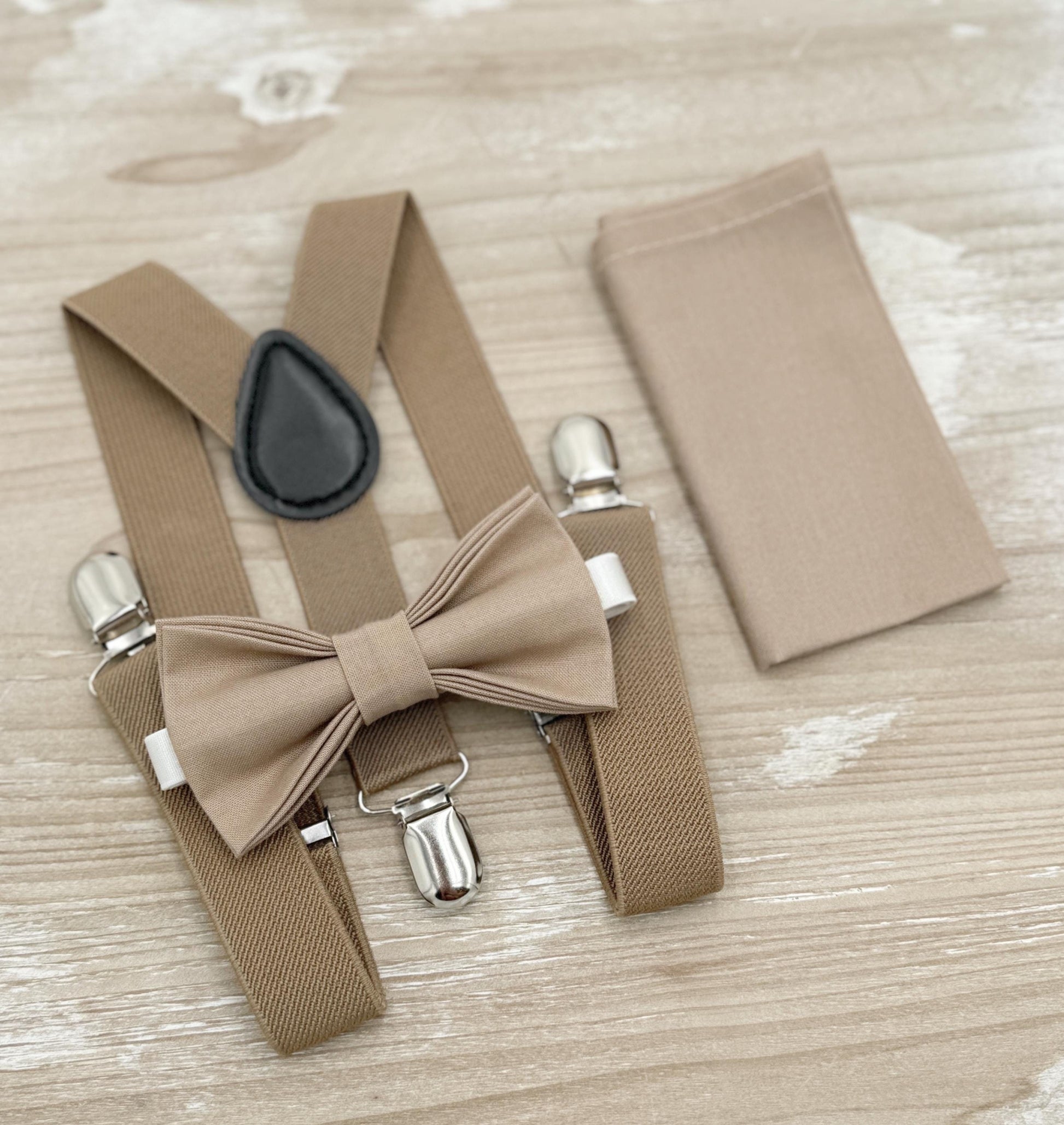 Light Taupe Bow tie & Suspenders | Taupe Braces | Pocket Square | Ring Bearer Outfit | Boho Rustic Wedding