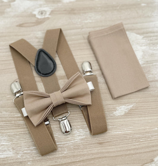 Light Taupe Bow tie & Suspenders | Taupe Braces | Pocket Square | Ring Bearer Outfit | Boho Rustic Wedding