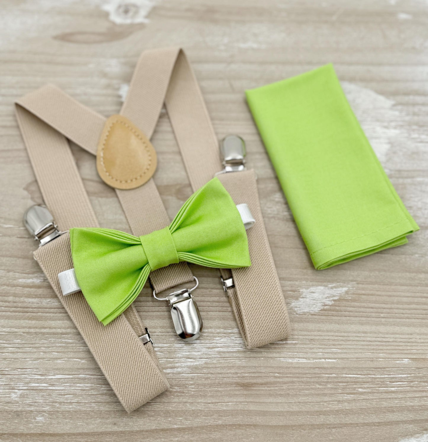 Pear Bow tie & Suspenders | Champagne Tan Braces | Lime Green Bowtie | Pocket Square | Ring Bearer Outfit | Boho Rustic Wedding