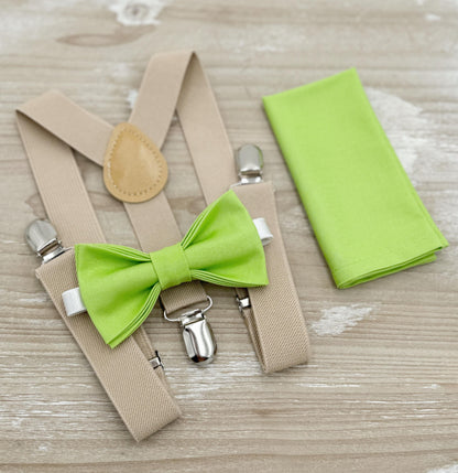 Pear Bow tie & Suspenders | Champagne Tan Braces | Lime Green Bowtie | Pocket Square | Ring Bearer Outfit | Boho Rustic Wedding