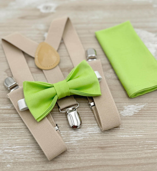 Pear Bow tie & Suspenders | Champagne Tan Braces | Lime Green Bowtie | Pocket Square | Ring Bearer Outfit | Boho Rustic Wedding