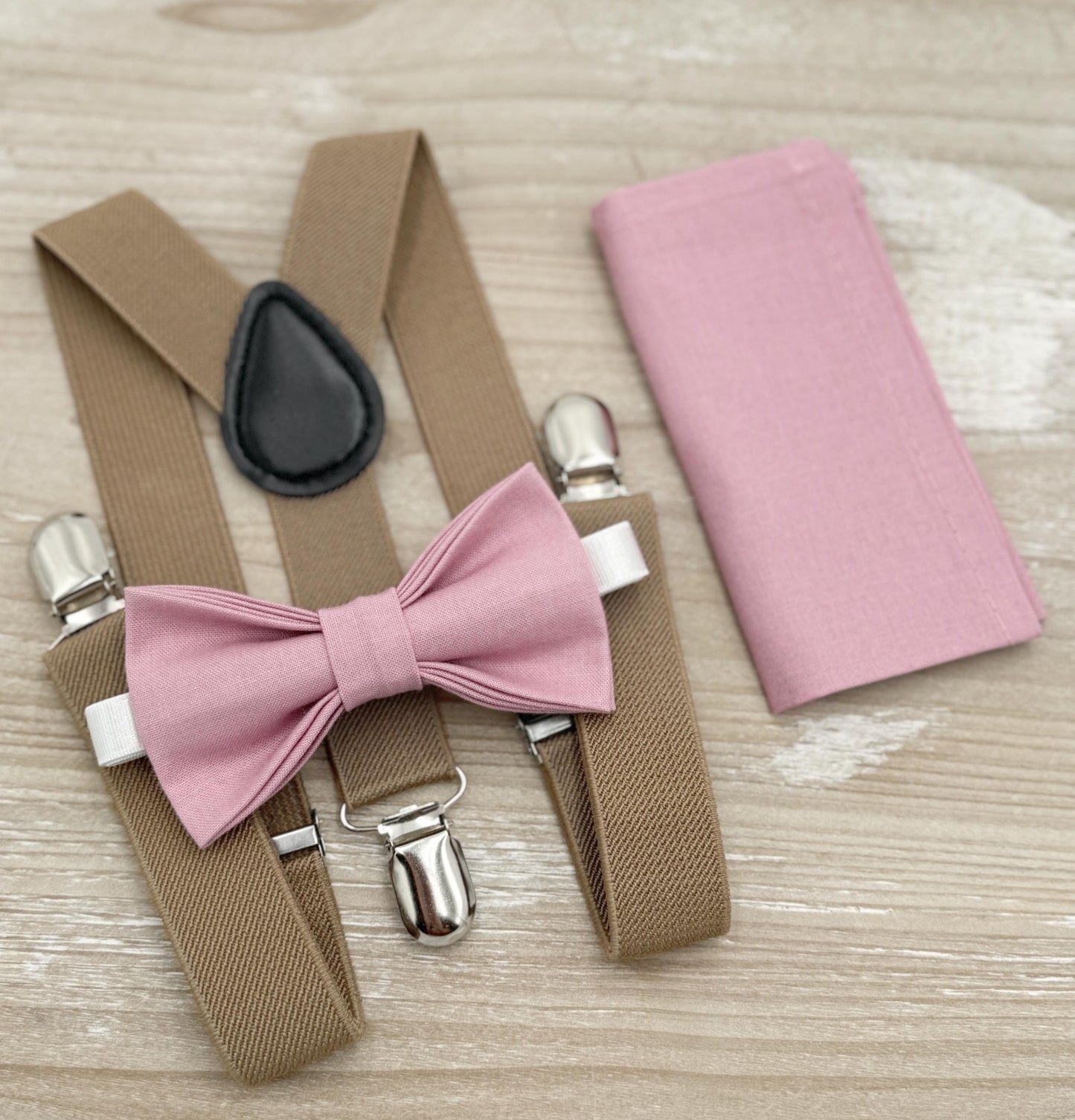 Vintage Mauve Bow tie & Suspenders | Taupe Braces | Quartz Bow | Pocket Square | Ring Bearer Outfit | Boho Rustic Wedding