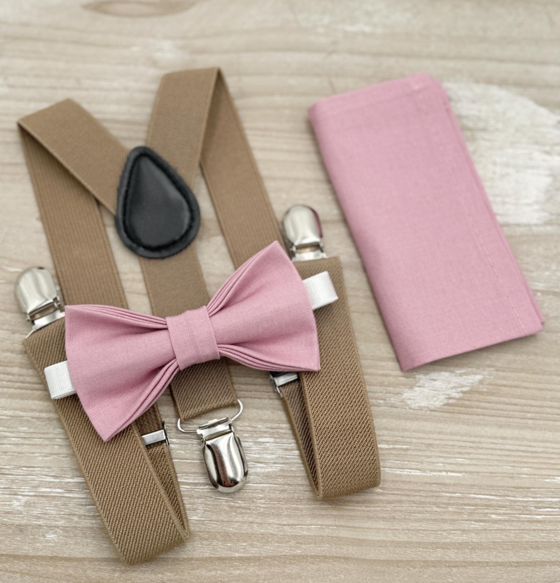 Vintage Mauve Bow tie & Suspenders | Taupe Braces | Quartz Bow | Pocket Square | Ring Bearer Outfit | Boho Rustic Wedding