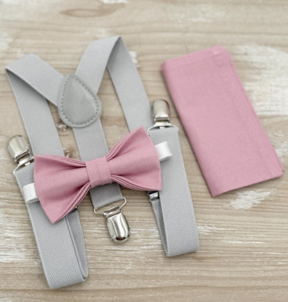 Vintage Mauve Bow tie & Suspenders | Light Gray Braces | Quartz Bow | Pocket Square | Ring Bearer Outfit | Boho Rustic Wedding