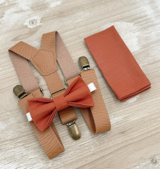 Paprika Bow tie & Suspenders | Leather Light Brown Braces | Sienna Bow | Pocket Square | Ring Bearer Outfit | Boho Rustic Wedding