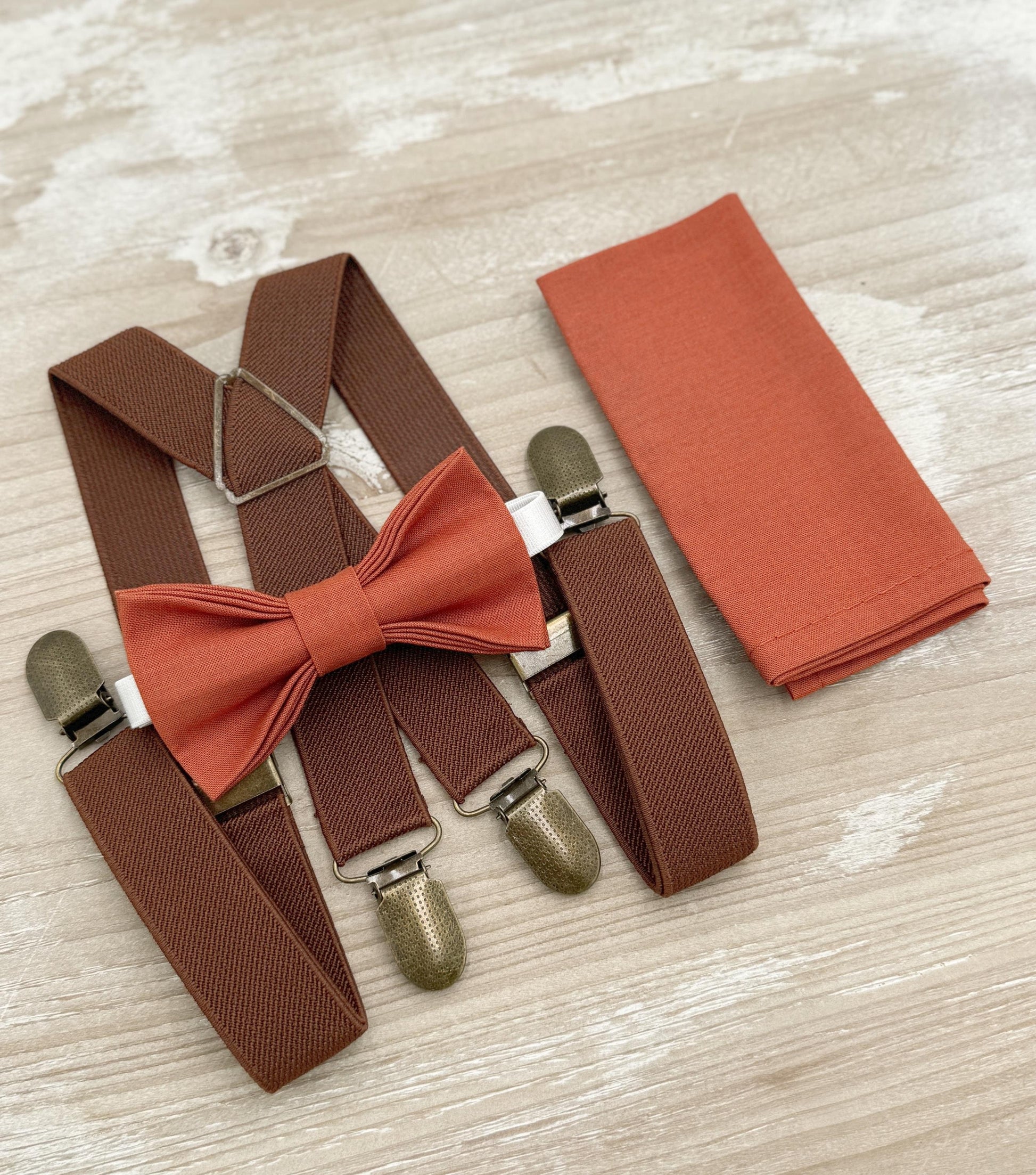 Paprika Bow tie & Suspenders | X - Back Brown Braces | Sienna Bow | Pocket Square | Ring Bearer Outfit | Boho Rustic Wedding