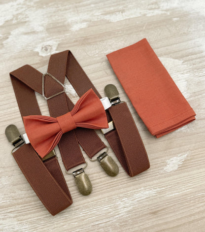 Paprika Bow tie & Suspenders | X - Back Brown Braces | Sienna Bow | Pocket Square | Ring Bearer Outfit | Boho Rustic Wedding