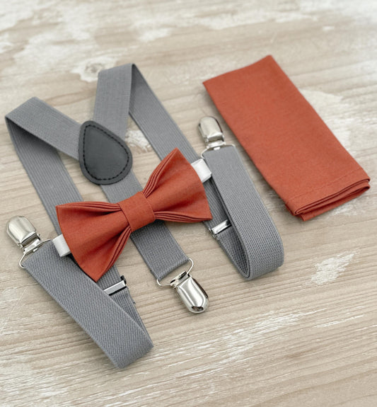 Paprika Bow tie & Gray Suspenders | Pocket Square | Sienna Bow | Ring Bearer Outfit | Rustic Boho Wedding