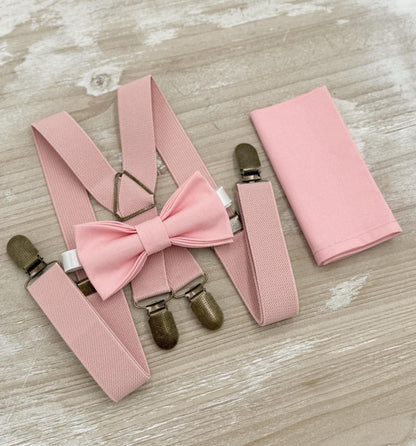 Ballet Bow tie & Suspenders, Dusty Pink Suspenders, Pocket Square, Rosette Bowtie, Ring Bearer Outfit, Rustic Boho Wedding