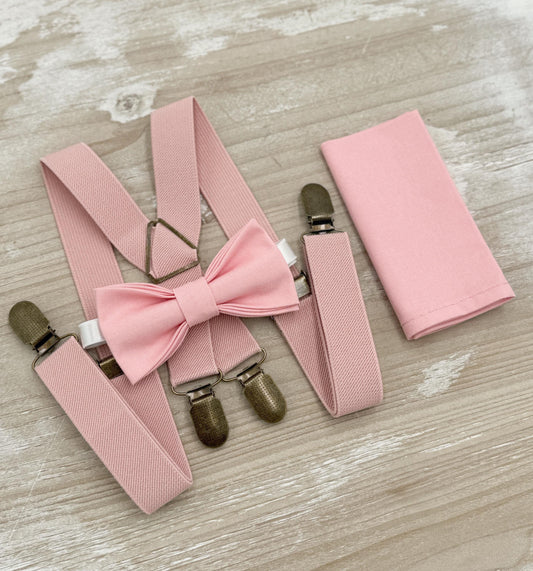 Ballet Bow tie & Suspenders, Dusty Pink Suspenders, Pocket Square, Rosette Bowtie, Ring Bearer Outfit, Rustic Boho Wedding
