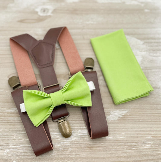 Pear Bow tie & Suspenders | Vegan Leather Suspenders | Lime Green Bowtie | Pocket Square | Ring Bearer Outfit | Boho Wedding Set