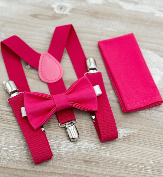 Fuchsia Bow tie & Suspenders | Begonia Pink Bowtie | Pocket Square | Ring Bearer Outfit | Boho Rustic Wedding Set