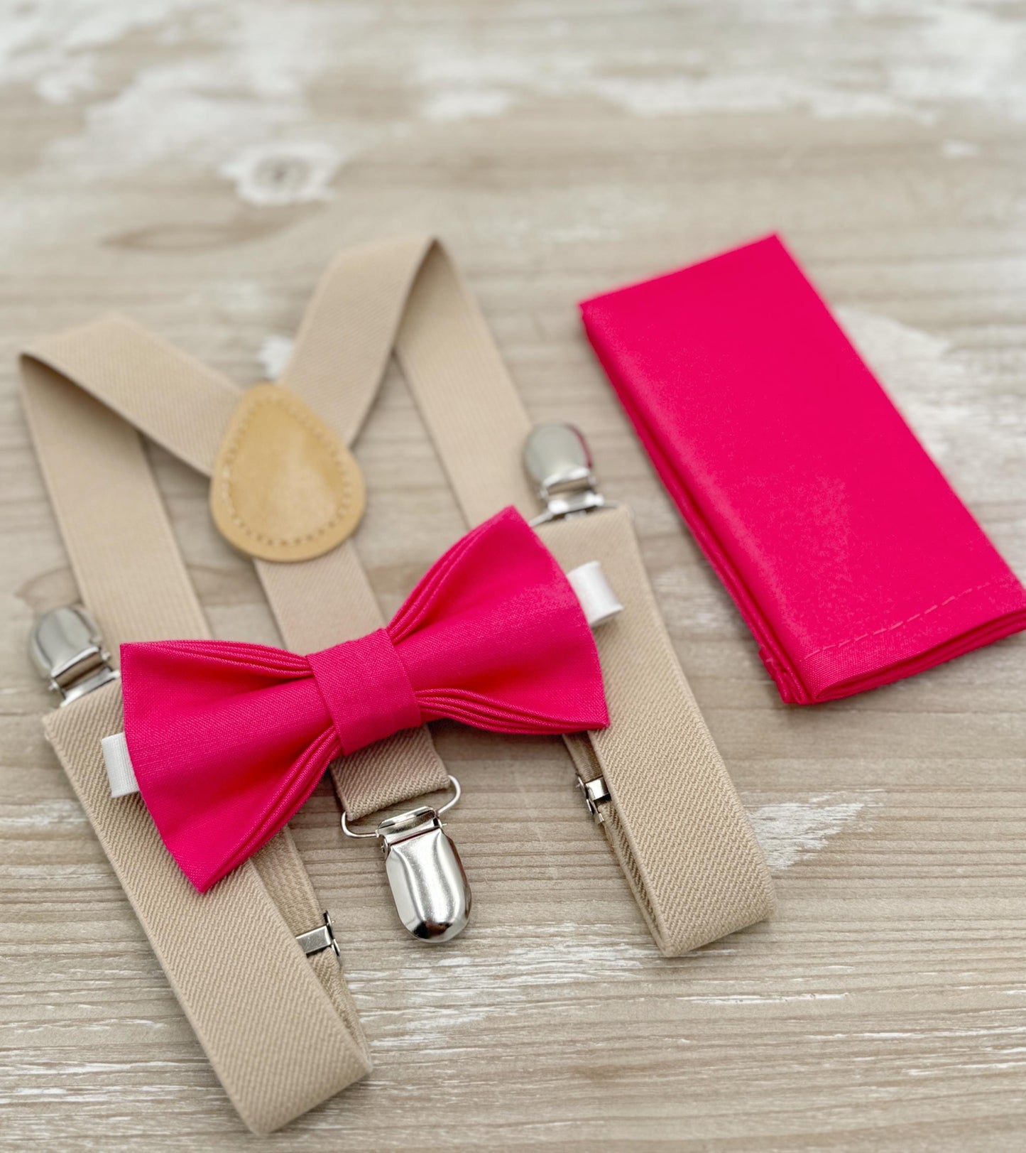 Fuchsia Bow tie & Suspenders | Champagne Tan Braces | Begonia Pink Bowtie | Pocket Square | Ring Bearer Outfit | Boho Rustic Wedding Set