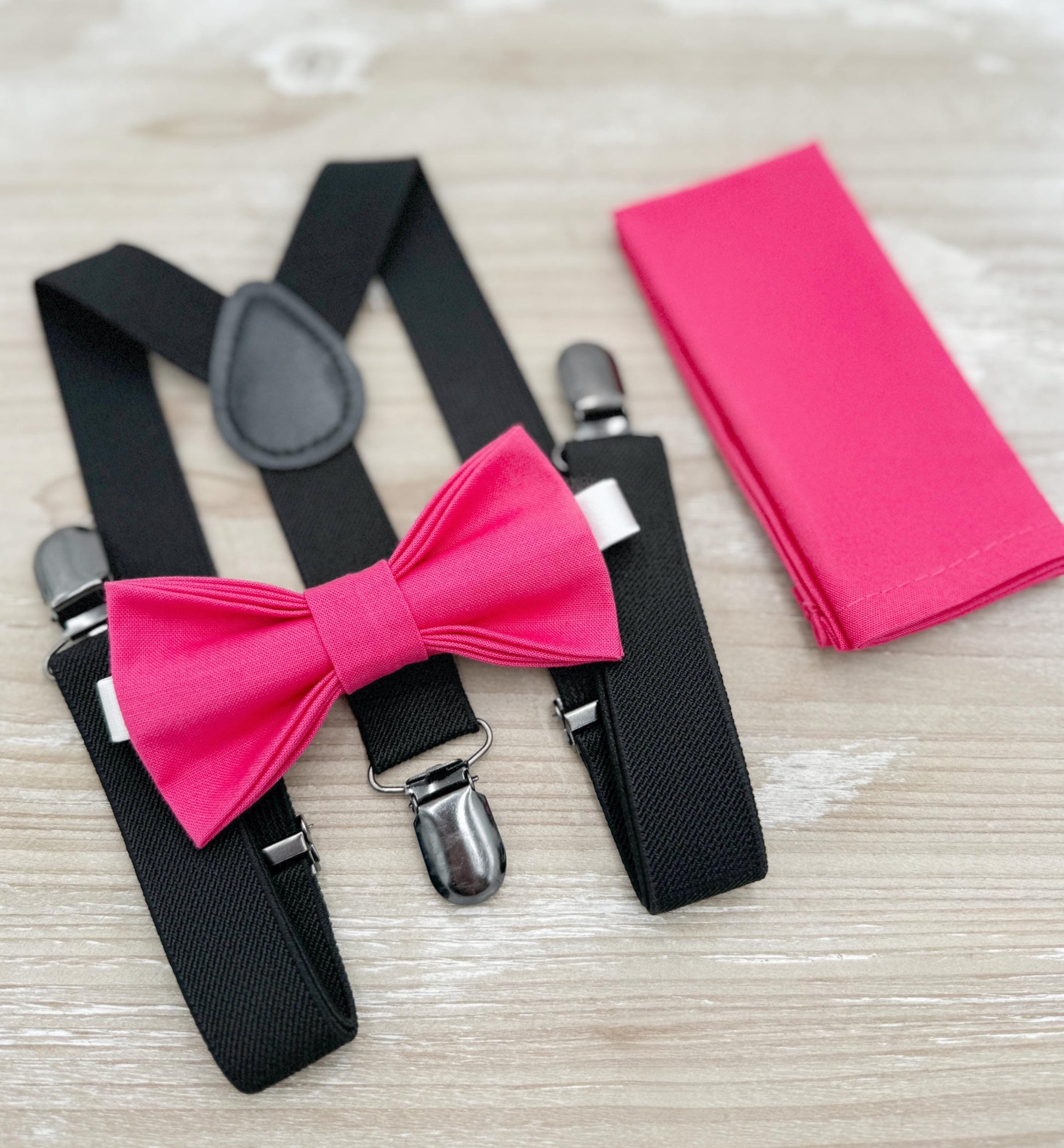 Fuchsia Bow tie & Suspenders | Black Braces | Begonia Pink Bowtie | Pocket Square | Ring Bearer Outfit | Boho Rustic Wedding Set