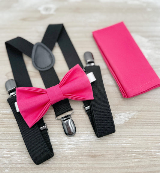 Fuchsia Bow tie & Suspenders | Black Braces | Begonia Pink Bowtie | Pocket Square | Ring Bearer Outfit | Boho Rustic Wedding Set