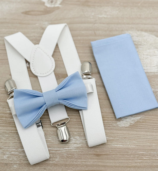 Ice Blue Bow tie & Suspenders | White Braces | Pocket Square | Ring Bearer Outfit | Boho Rustic Wedding | Baby Baptism Christening Set