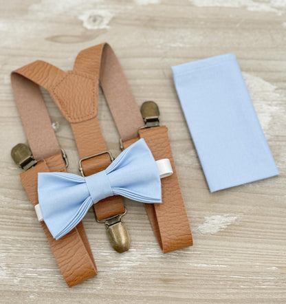 Ice Blue Bow tie & Suspenders | Leather Light Brown Braces | Pocket Square | Ring Bearer Outfit | Boho Rustic Wedding Set