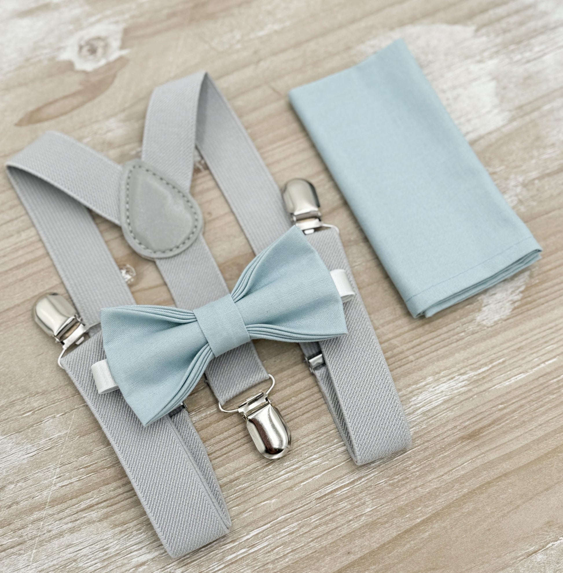 Mist Bow tie & Suspenders, Light Gray Braces, Sky blue Bow, Dusty Blue Bowtie, Pocket Square, Ring Bearer Outfit, Boho Rustic Wedding