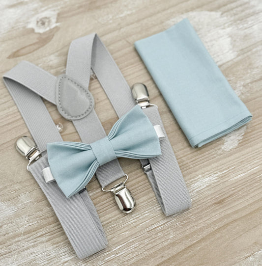 Mist Bow tie & Suspenders, Light Gray Braces, Sky blue Bow, Dusty Blue Bowtie, Pocket Square, Ring Bearer Outfit, Boho Rustic Wedding