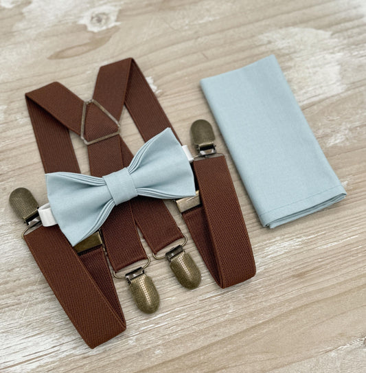 Mist Bow tie & Suspenders | Brown X - Back Braces | Sky Blue Bow | Dusty Blue Bowtie | Pocket Square | Ring Bearer Outfit | Rustic Wedding