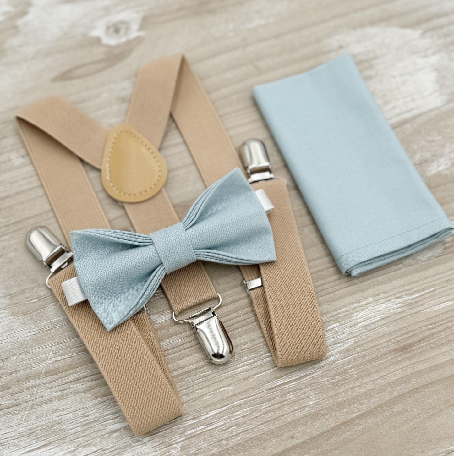 Mist Bow tie & Suspenders | Nude Beige Braces | Sky Blue Bow | Dusty Blue Bowtie | Pocket Square | Ring Bearer Outfit | Boho Rustic Wedding