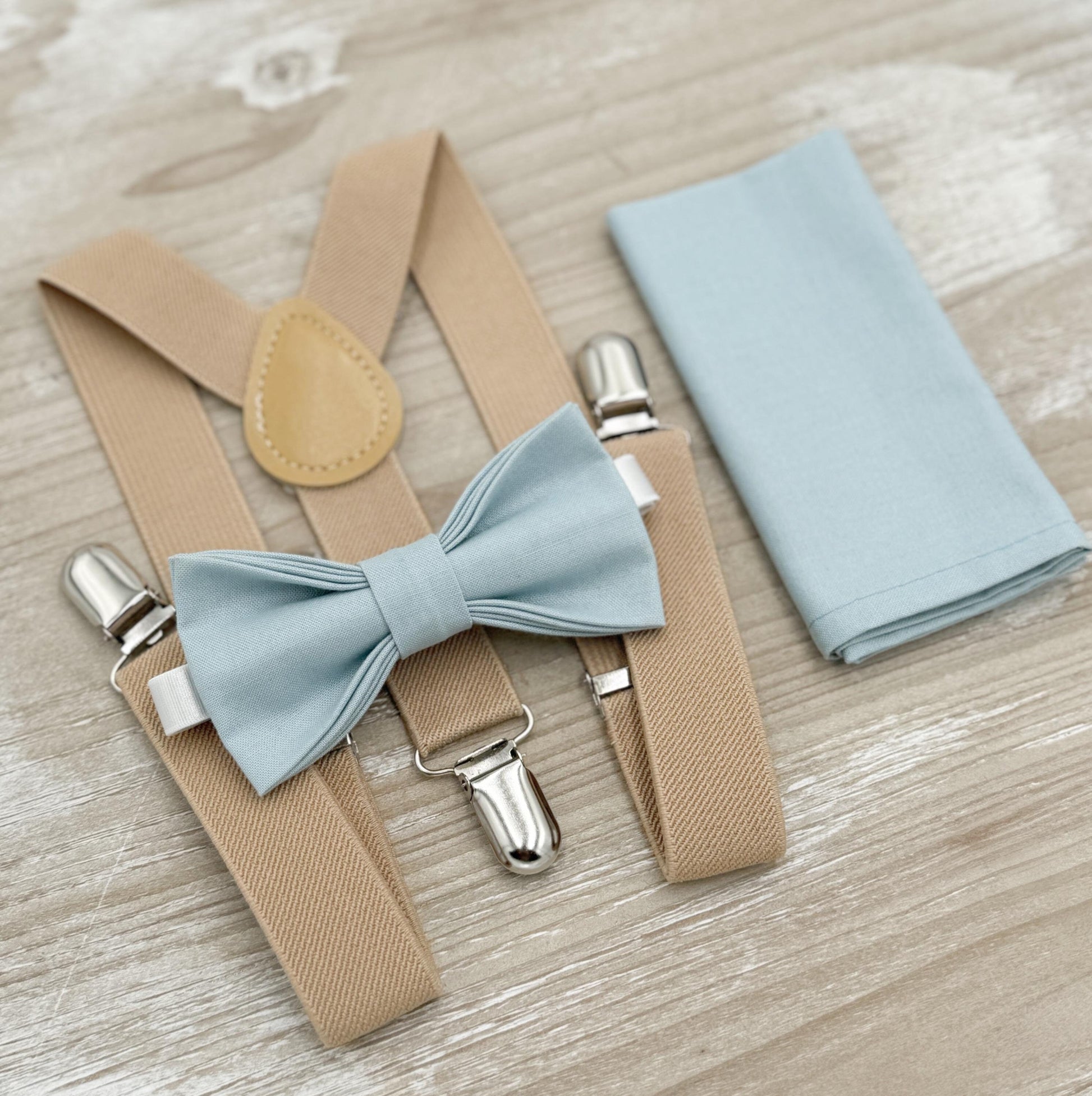 Mist Bow tie & Suspenders | Nude Beige Braces | Sky Blue Bow | Dusty Blue Bowtie | Pocket Square | Ring Bearer Outfit | Boho Rustic Wedding