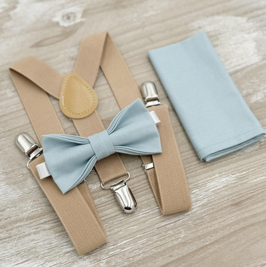 Mist Bow tie & Suspenders | Nude Beige Braces | Sky Blue Bow | Dusty Blue Bowtie | Pocket Square | Ring Bearer Outfit | Boho Rustic Wedding